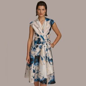 NWT Donna Karan New York Print Midi Wrap Dress in Tide/Cream